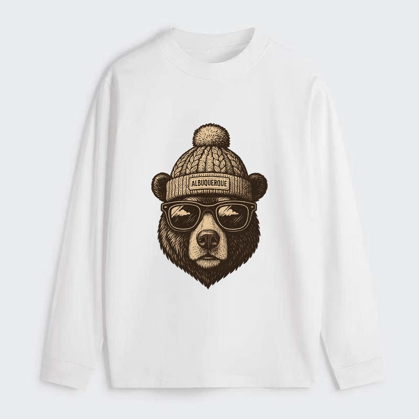 New Mexico Black Bear wearing Albuquerque beanie with pom pom and - Classic Long Sleeve Shirt - White