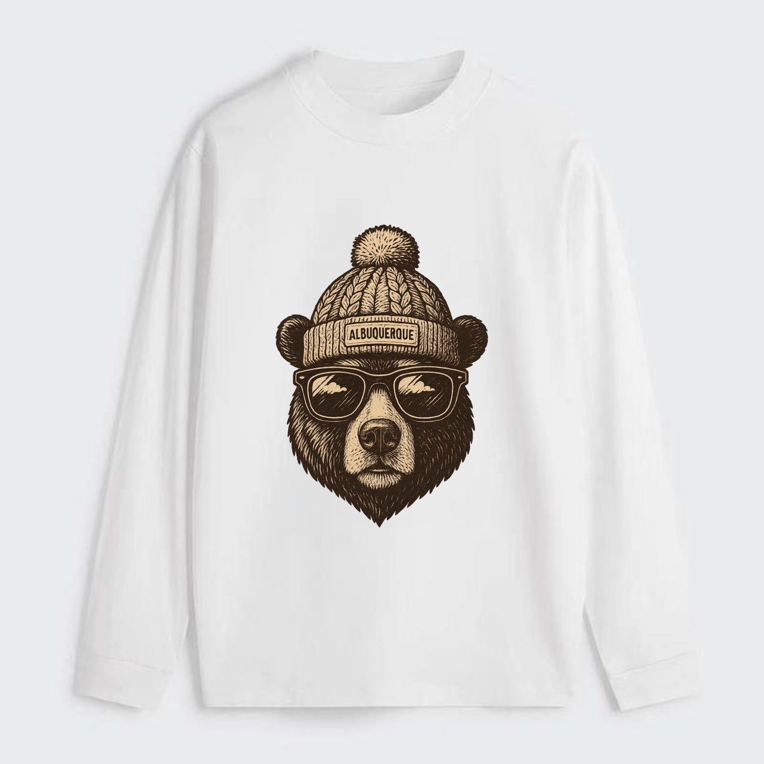 New Mexico Black Bear wearing Albuquerque beanie with pom pom and - Classic Long Sleeve Shirt - White