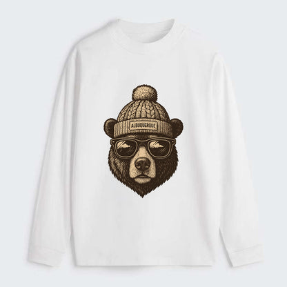 New Mexico Black Bear wearing Albuquerque beanie with pom pom and - Classic Long Sleeve Shirt - White