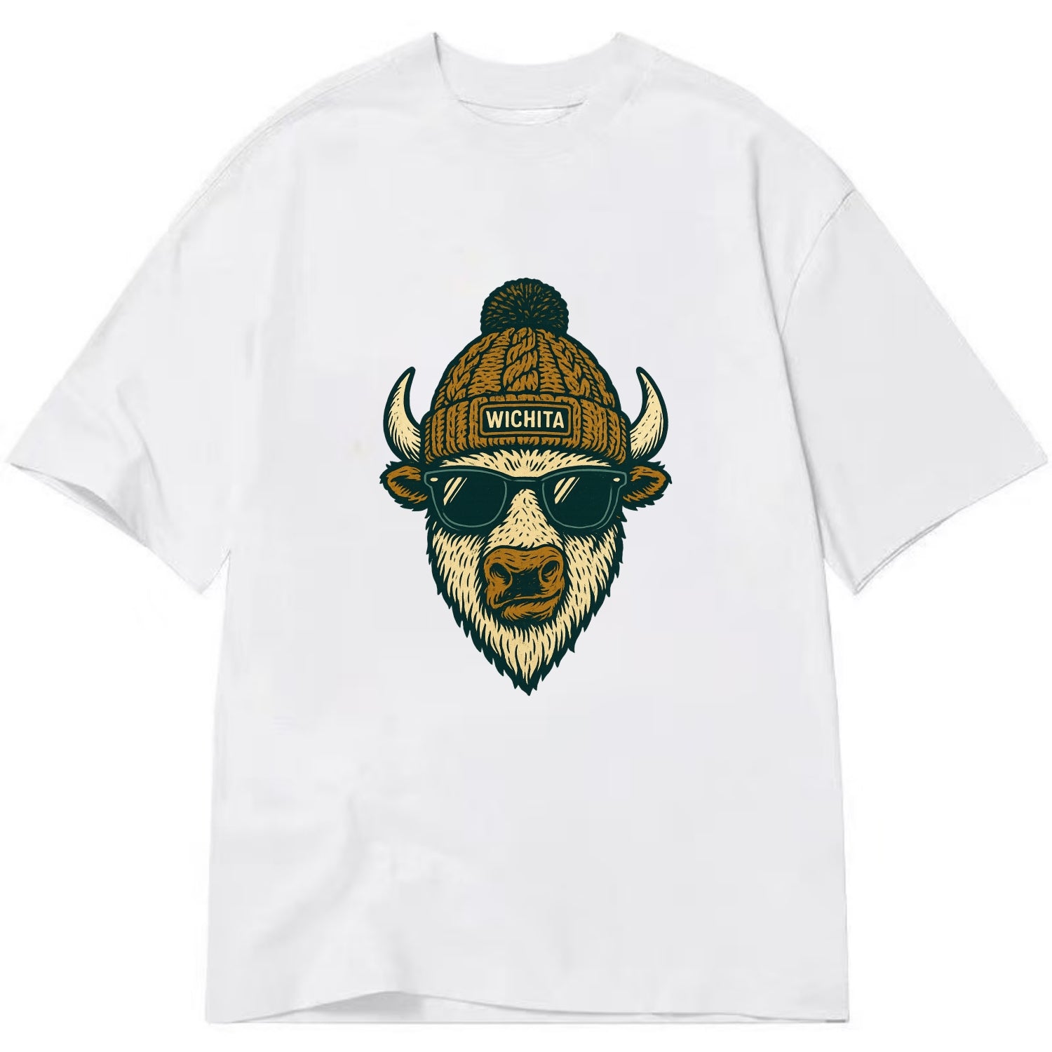 Kansas American Bison wearing Wichita beanie with pom pom and wayfarer sunglasses - Classic T-shirt - White