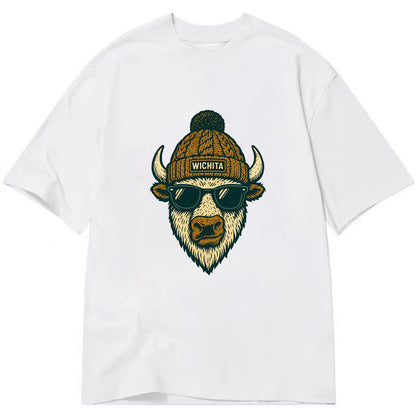 Kansas American Bison wearing Wichita beanie with pom pom and wayfarer sunglasses - Classic T-shirt - White