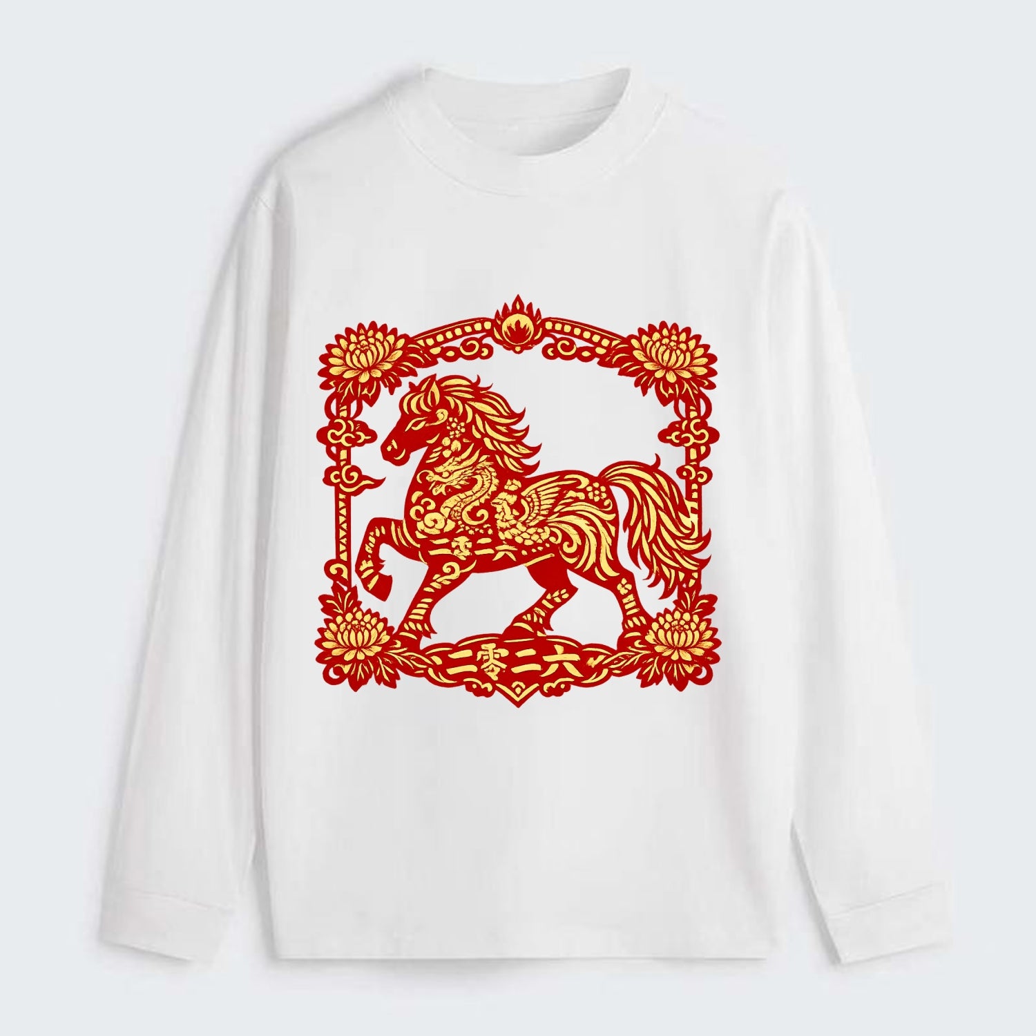 HORSE | Silk style horse design | Gold and silver thread appearance | - Classic Long Sleeve Shirt - White