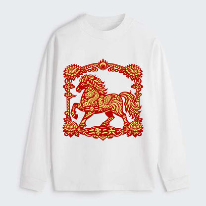 HORSE | Silk style horse design | Gold and silver thread appearance | - Classic Long Sleeve Shirt - White
