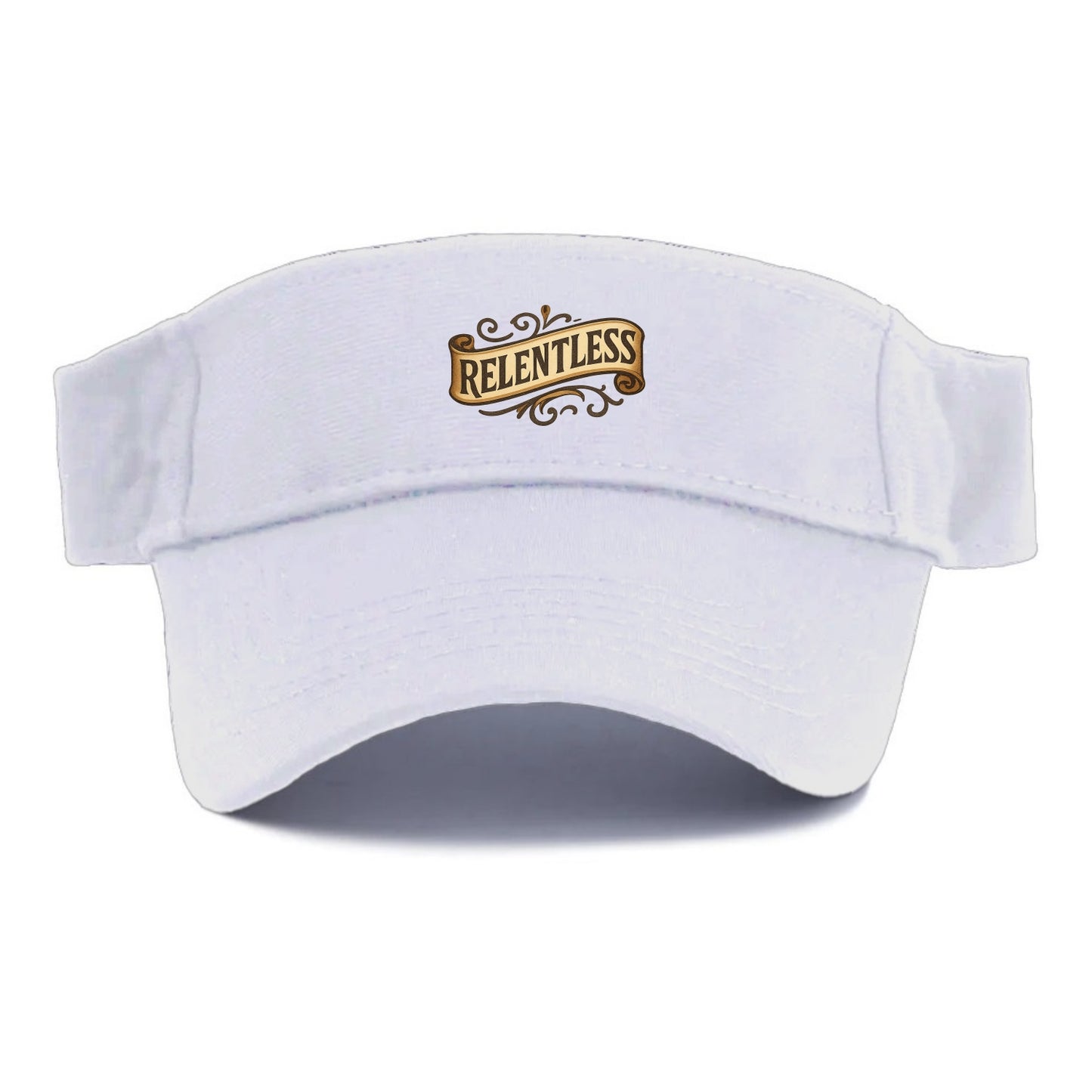 Bold typography design - "RELENTLESS" - never giving up, persistent pursuit - Visor - White