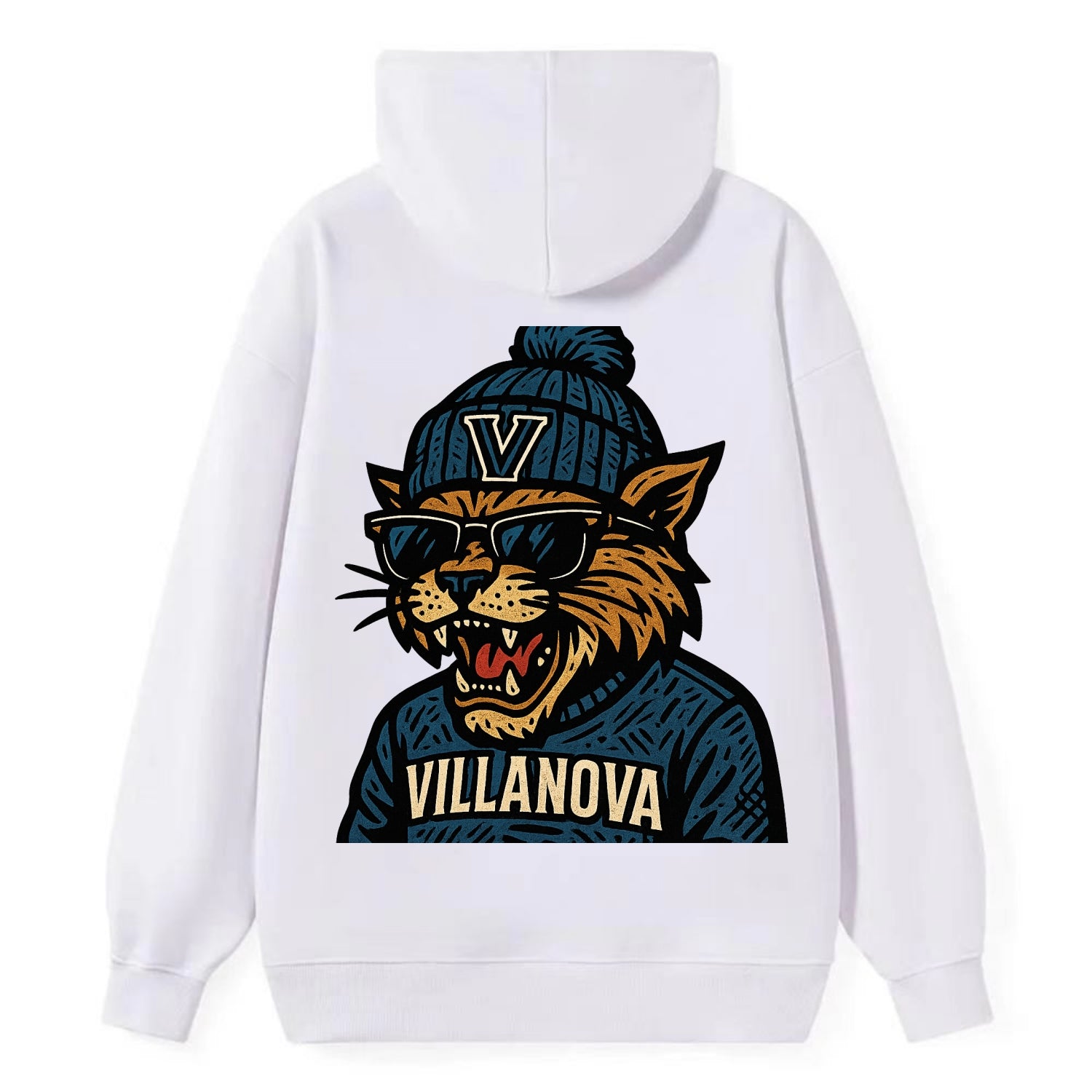 Villanova Wildcat wearing Villanova beanie with V patch - Classic Pullover Hoodie - White
