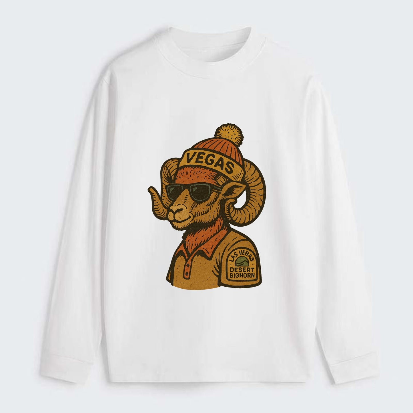 Las Vegas Desert Bighorn wearing Vegas beanie with pom pom and wayfarer - Classic Long Sleeve Shirt - White