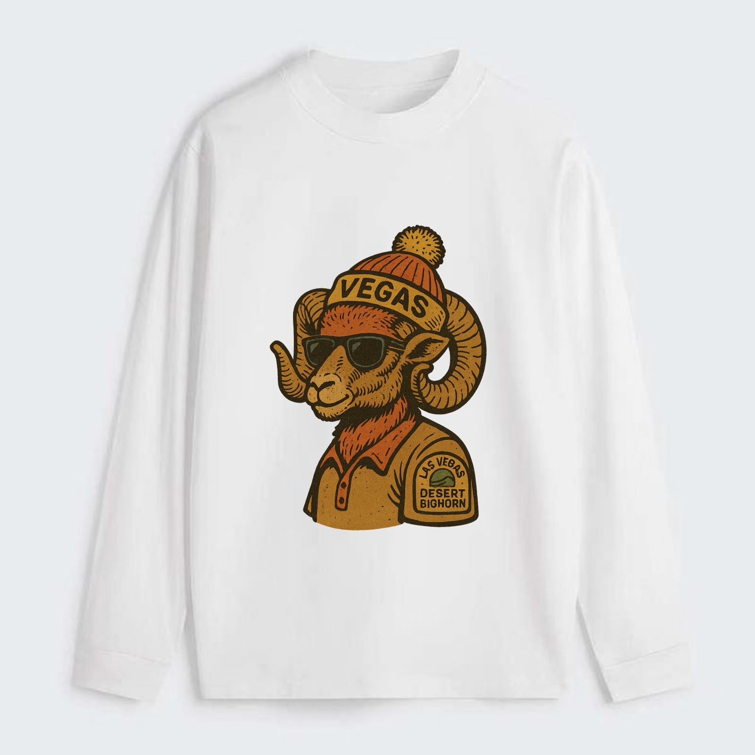 Las Vegas Desert Bighorn wearing Vegas beanie with pom pom and wayfarer - Classic Long Sleeve Shirt - White