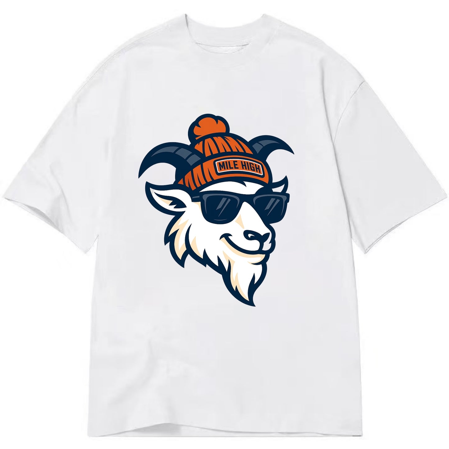 Denver Mountain Goat wearing Broncos beanie with Mile High patch and wayfarer - Classic T-shirt - White