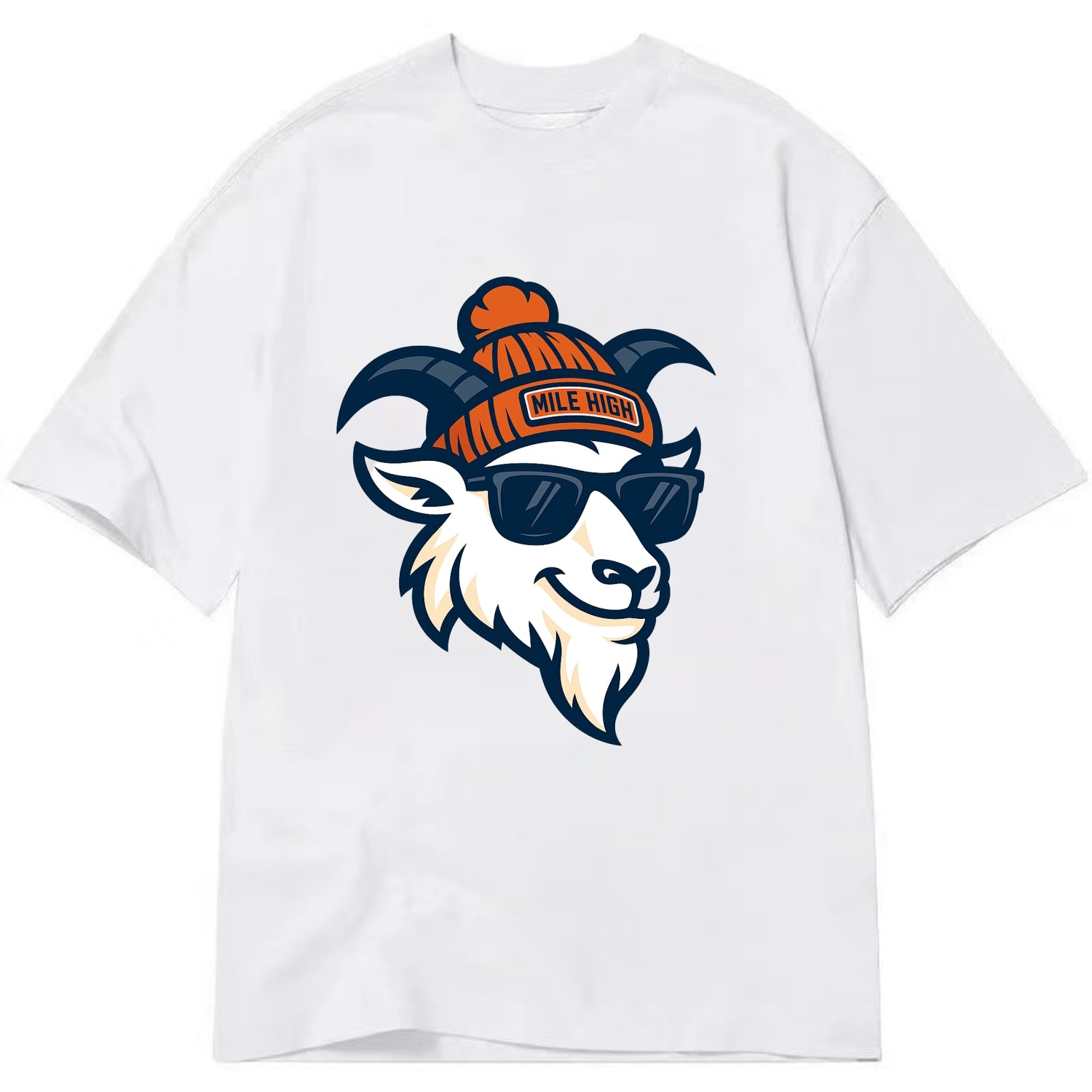 Denver Mountain Goat wearing Broncos beanie with Mile High patch and wayfarer - Classic T-shirt - White