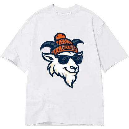 Denver Mountain Goat wearing Broncos beanie with Mile High patch and wayfarer - Classic T-shirt - White
