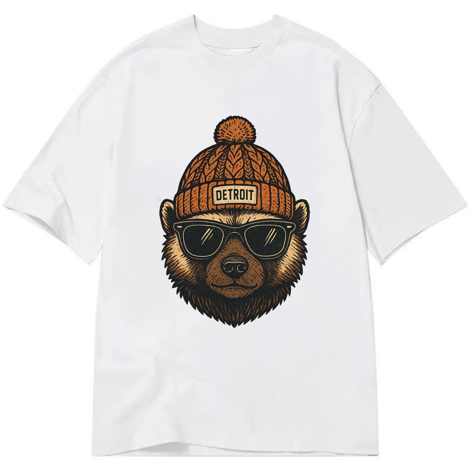 Detroit Wolverine wearing Detroit beanie with pom pom and wayfarer sunglasses - Classic T-shirt - White