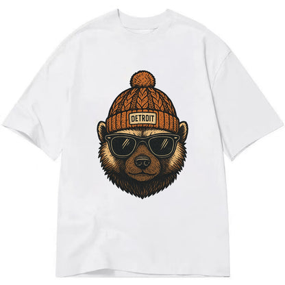 Detroit Wolverine wearing Detroit beanie with pom pom and wayfarer sunglasses - Classic T-shirt - White