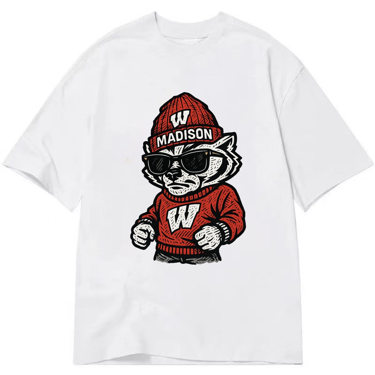 Madison Badger wearing Wisconsin beanie with motion W patch - Classic T-shirt - White