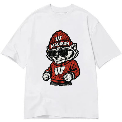Madison Badger wearing Wisconsin beanie with motion W patch - Classic T-shirt - White