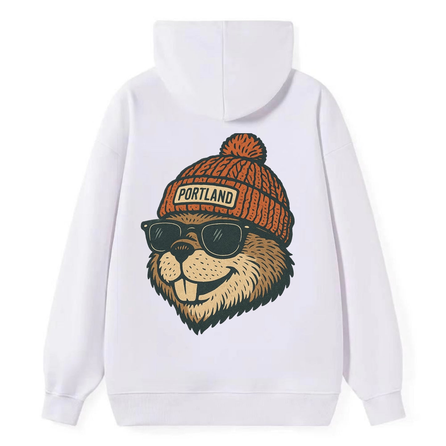 Oregon Beaver wearing Portland beanie with pom pom and wayfarer sunglasses - Classic Pullover Hoodie - White