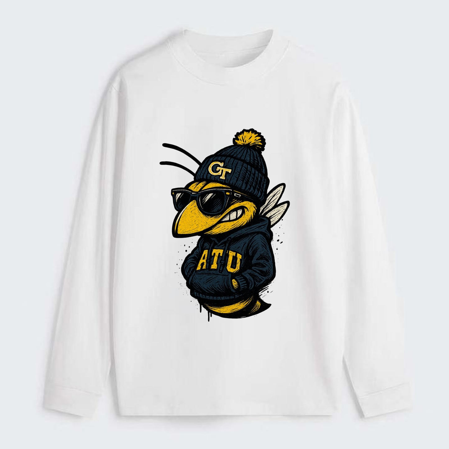 Atlanta Yellow Jacket wearing Georgia Tech beanie with GT patch - Classic Long Sleeve Shirt - White