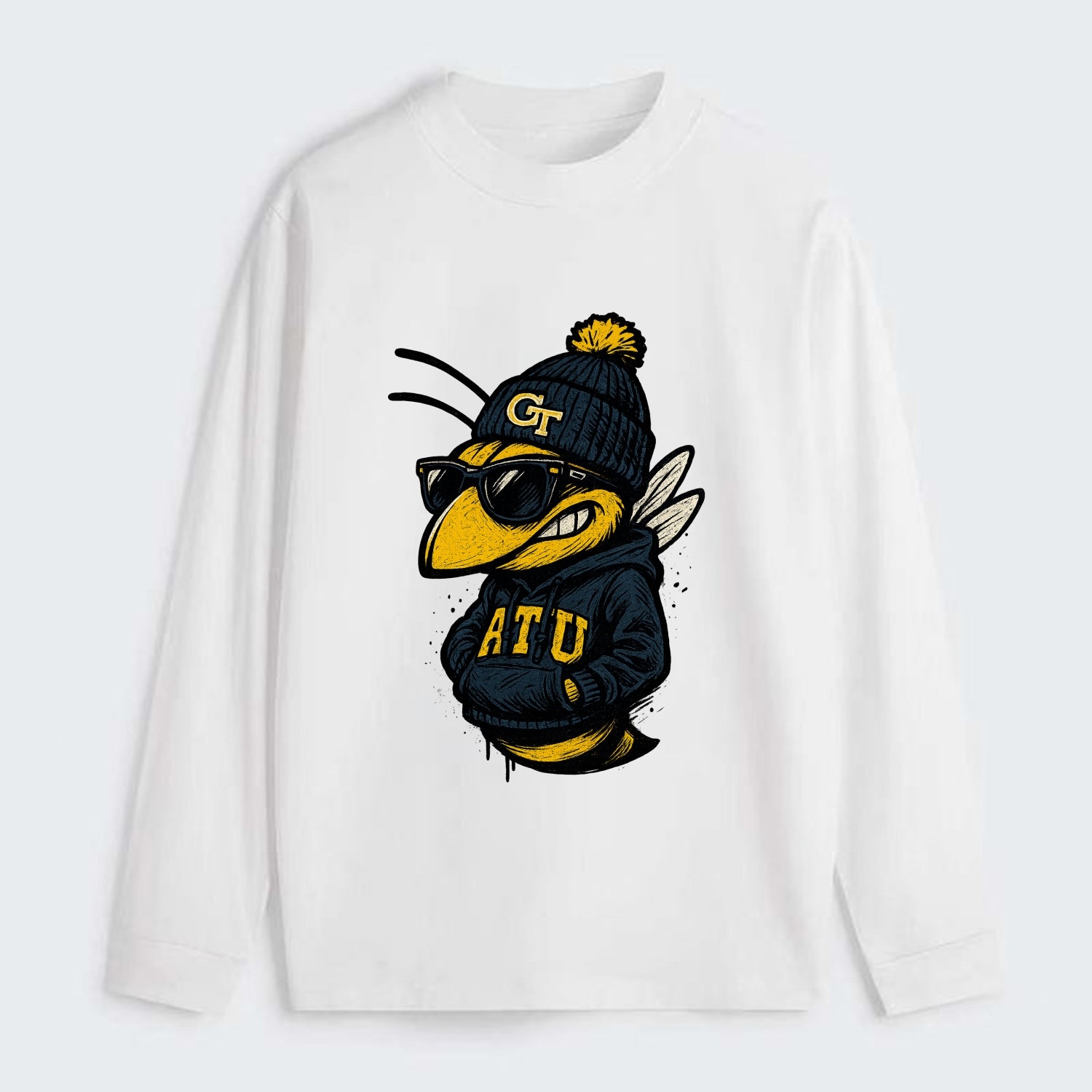 Atlanta Yellow Jacket wearing Georgia Tech beanie with GT patch - Classic Long Sleeve Shirt - White