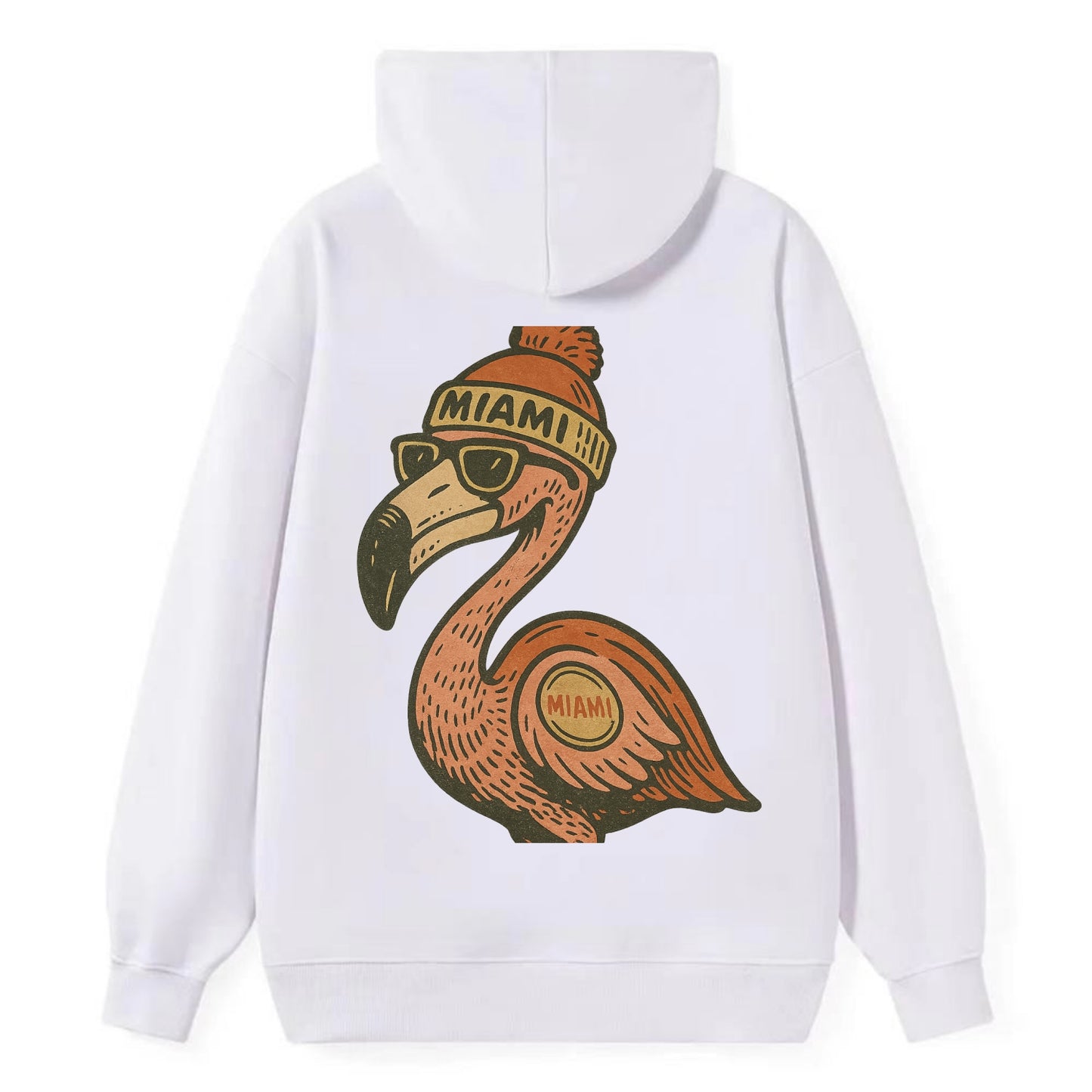 Miami Flamingo wearing Miami beanie with pom pom and wayfarer sunglasses - Classic Pullover Hoodie - White