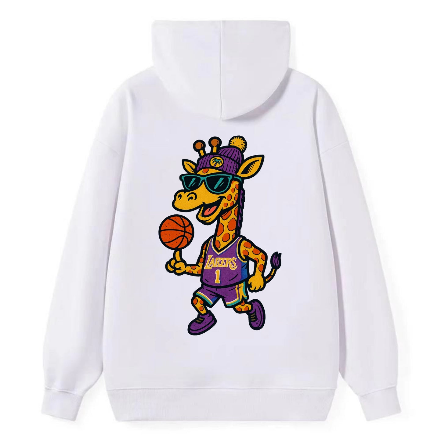 California Giraffe wearing Lakers beanie with palm tree patch and - Classic Pullover Hoodie - White