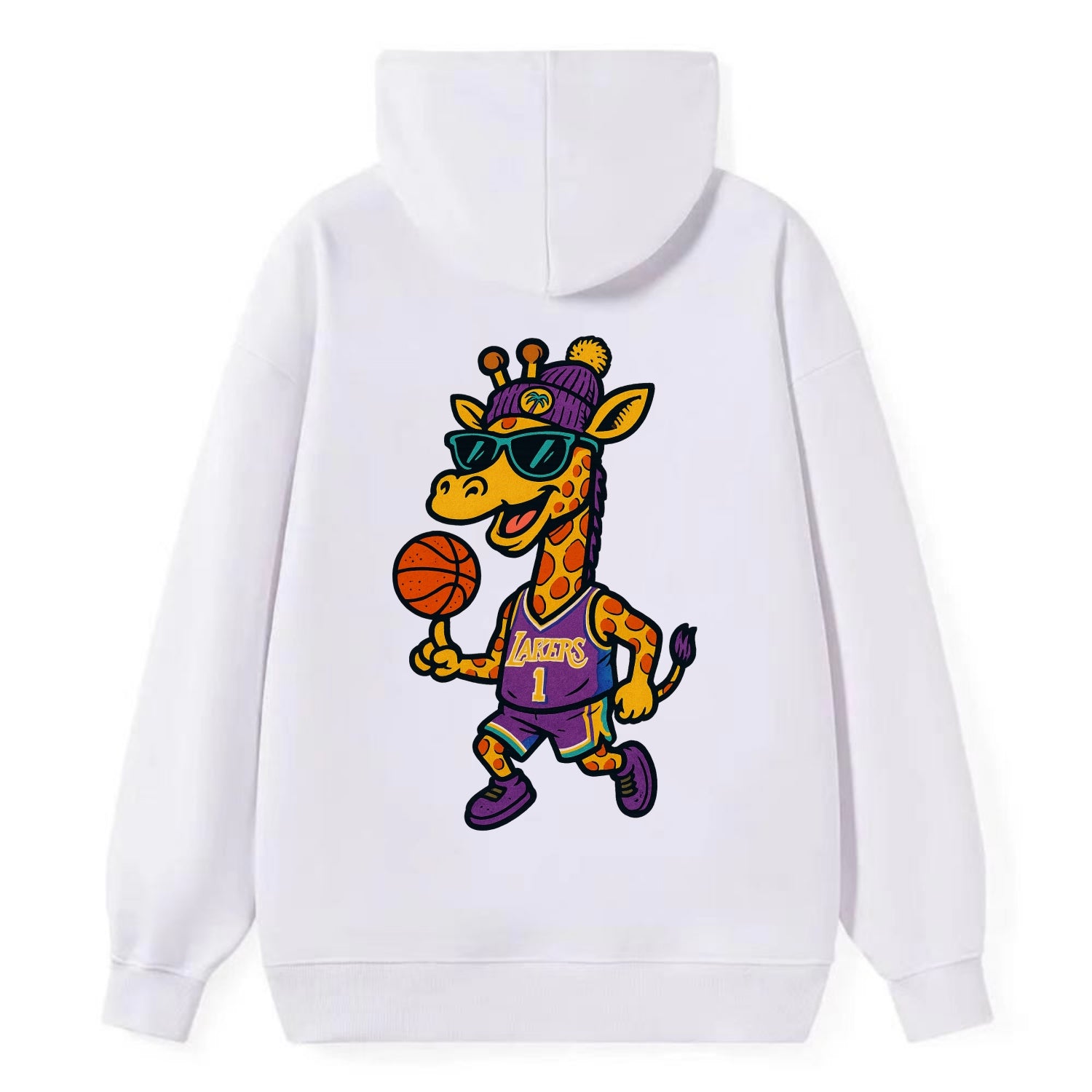 California Giraffe wearing Lakers beanie with palm tree patch and - Classic Pullover Hoodie - White