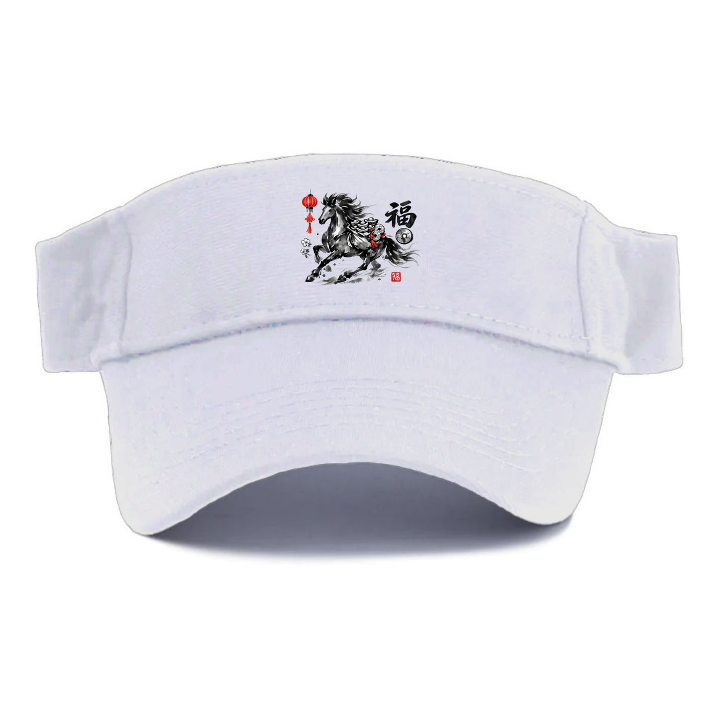 PROSPERITY HORSE | Horse carrying gold ingots and coins | Chinese knot decorations | Red - Visor - White