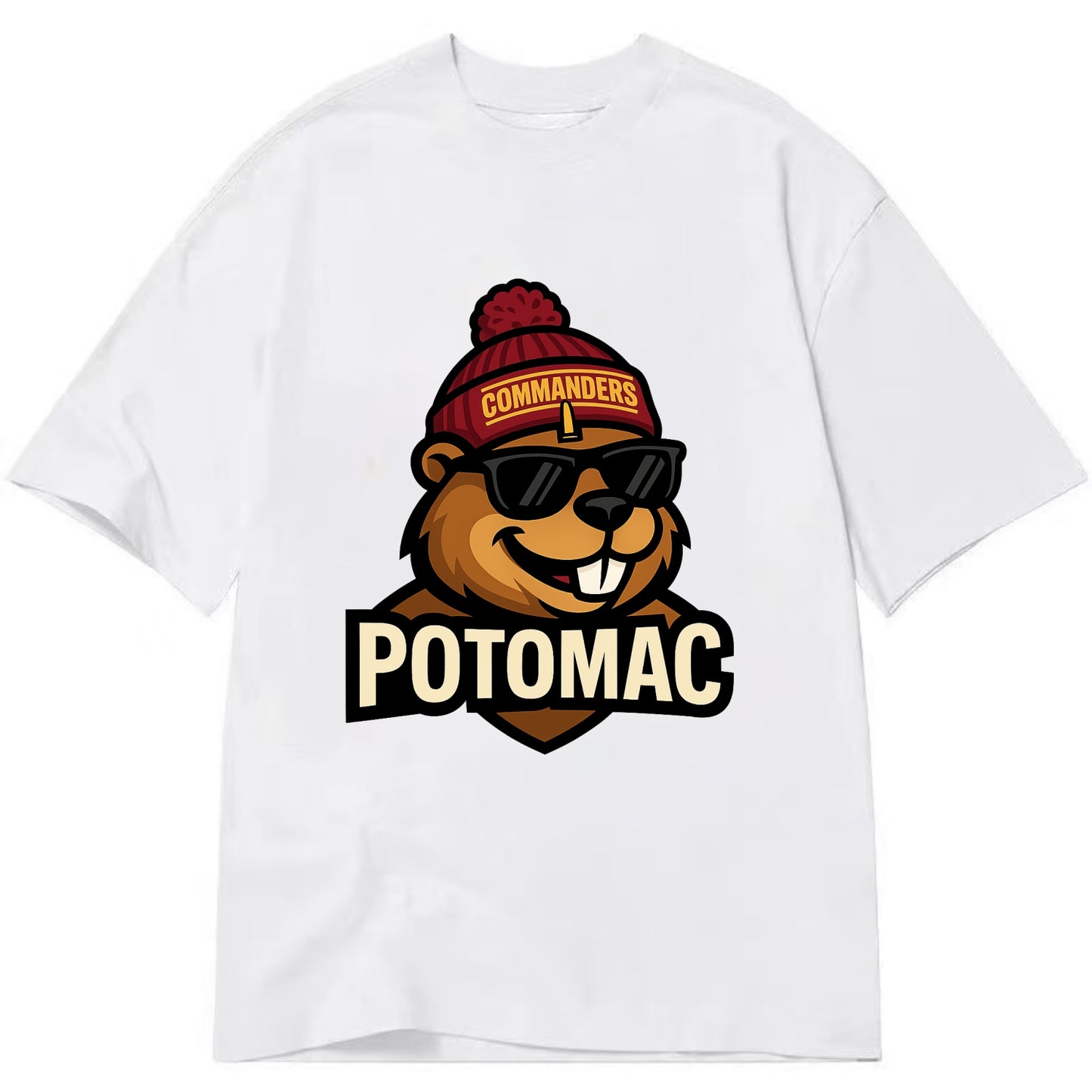 Potomac Beaver wearing Commanders beanie with monument patch and wayfarer - Classic T-shirt - White