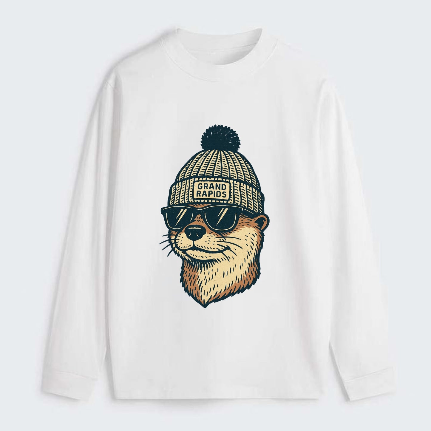 Grand Rapids River Otter wearing Grand Rapids beanie with pom pom and - Classic Long Sleeve Shirt - White