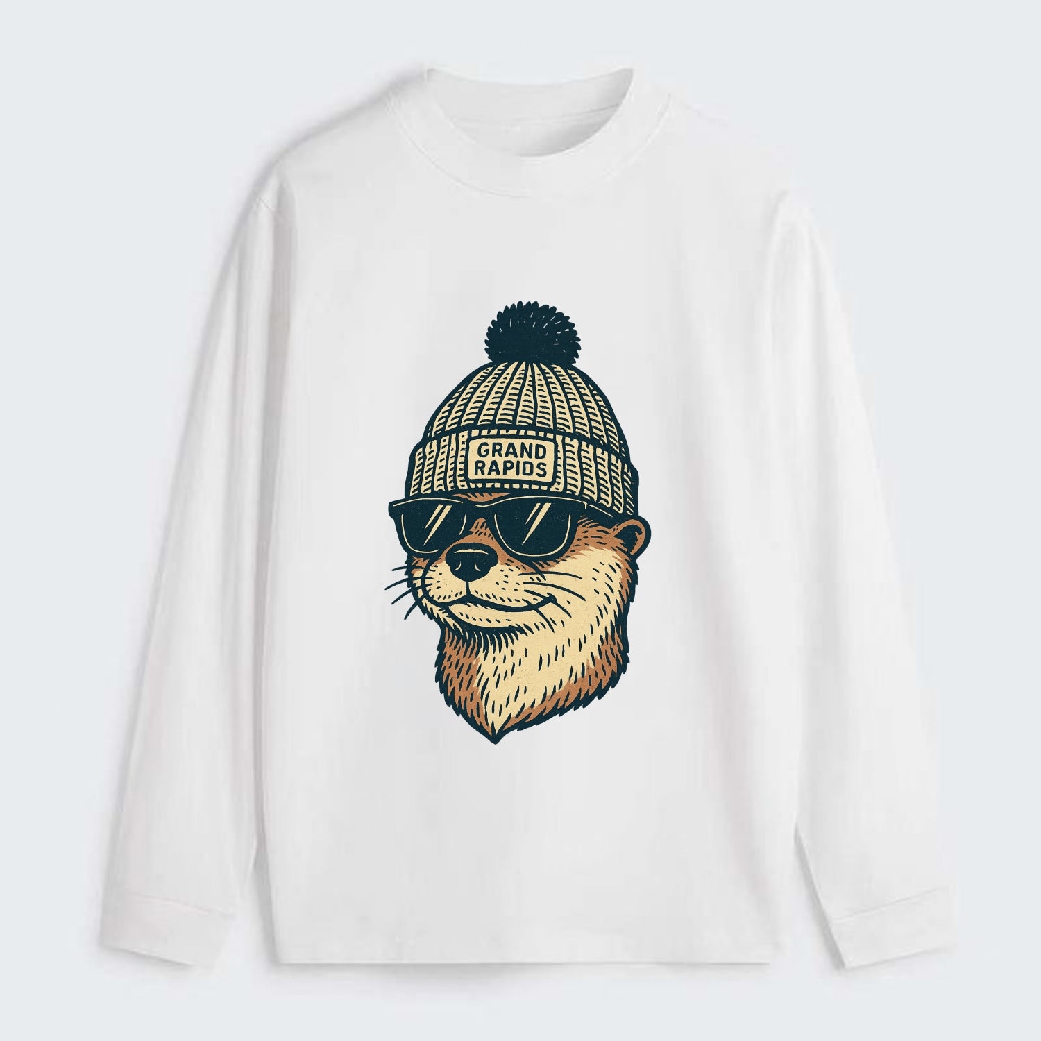 Grand Rapids River Otter wearing Grand Rapids beanie with pom pom and - Classic Long Sleeve Shirt - White