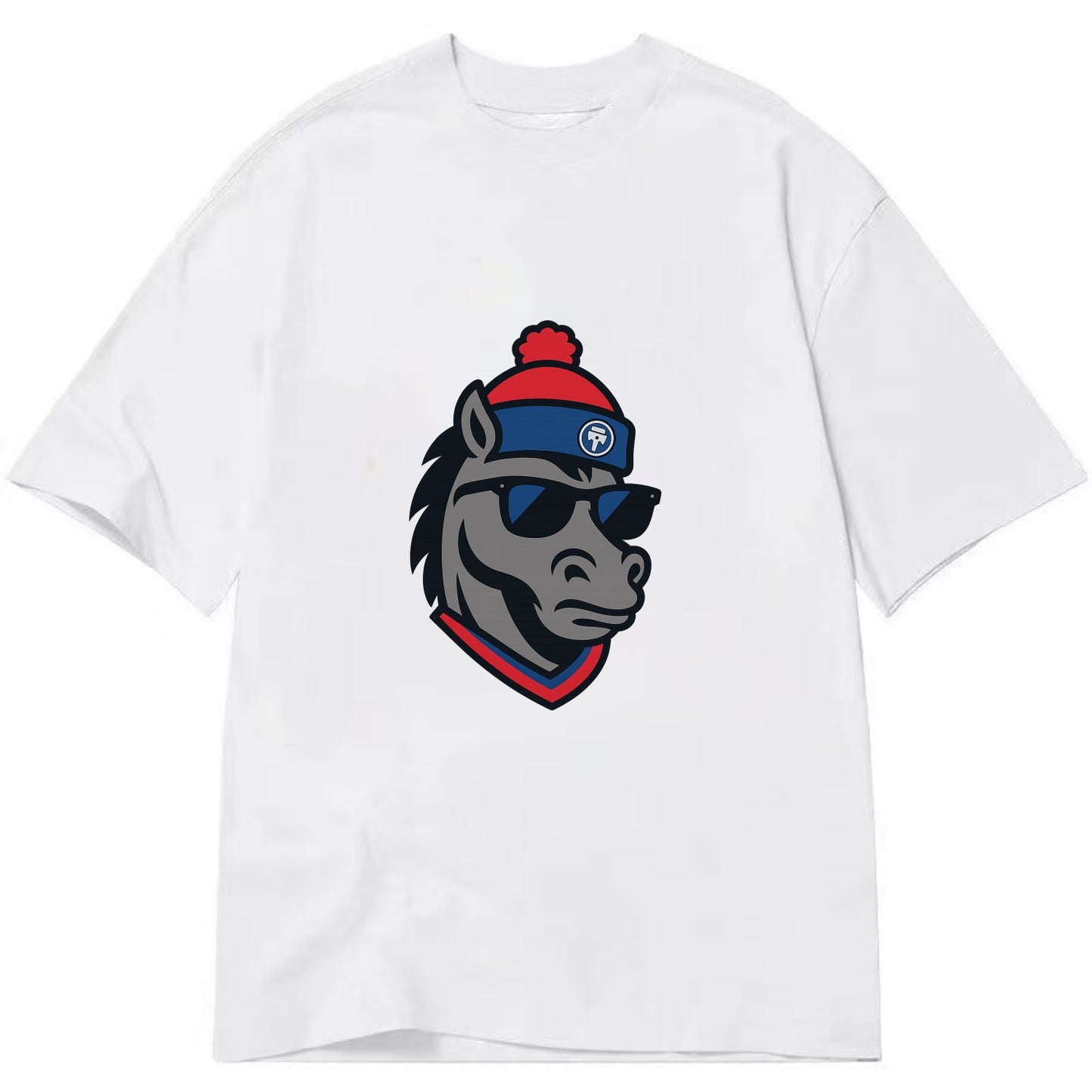 Detroit Stallion wearing Pistons red and blue beanie with piston patch and - Classic T-shirt - White