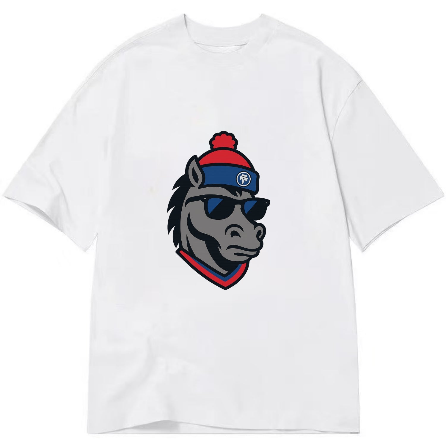 Detroit Stallion wearing Pistons red and blue beanie with piston patch and - Classic T-shirt - White
