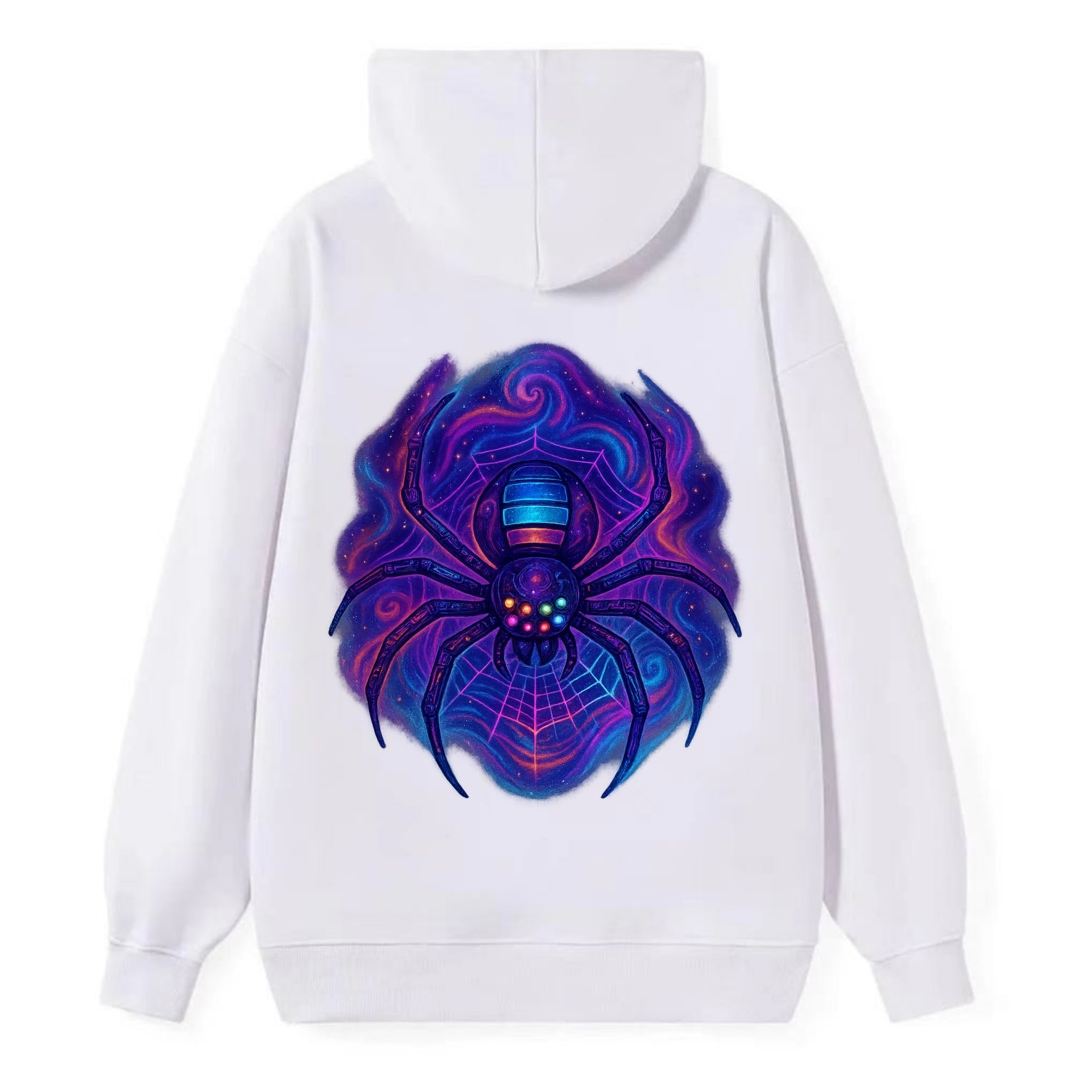 Tech spider with legs showing circuit board patterns, web glowing in neon - Classic Pullover Hoodie - White