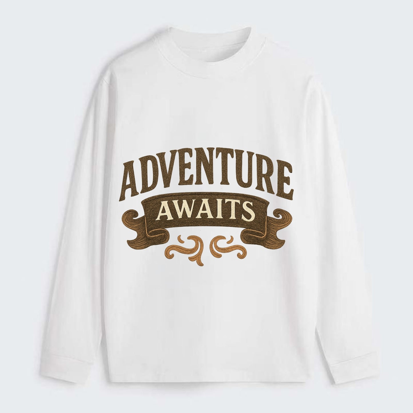 Bold typography design - "ADVENTURE AWAITS" - excitement ahead, ready - Classic Long Sleeve Shirt - White