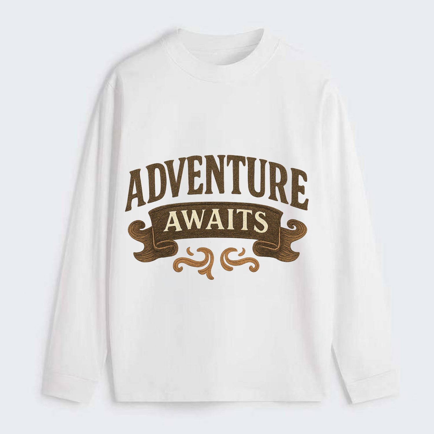 Bold typography design - "ADVENTURE AWAITS" - excitement ahead, ready - Classic Long Sleeve Shirt - White