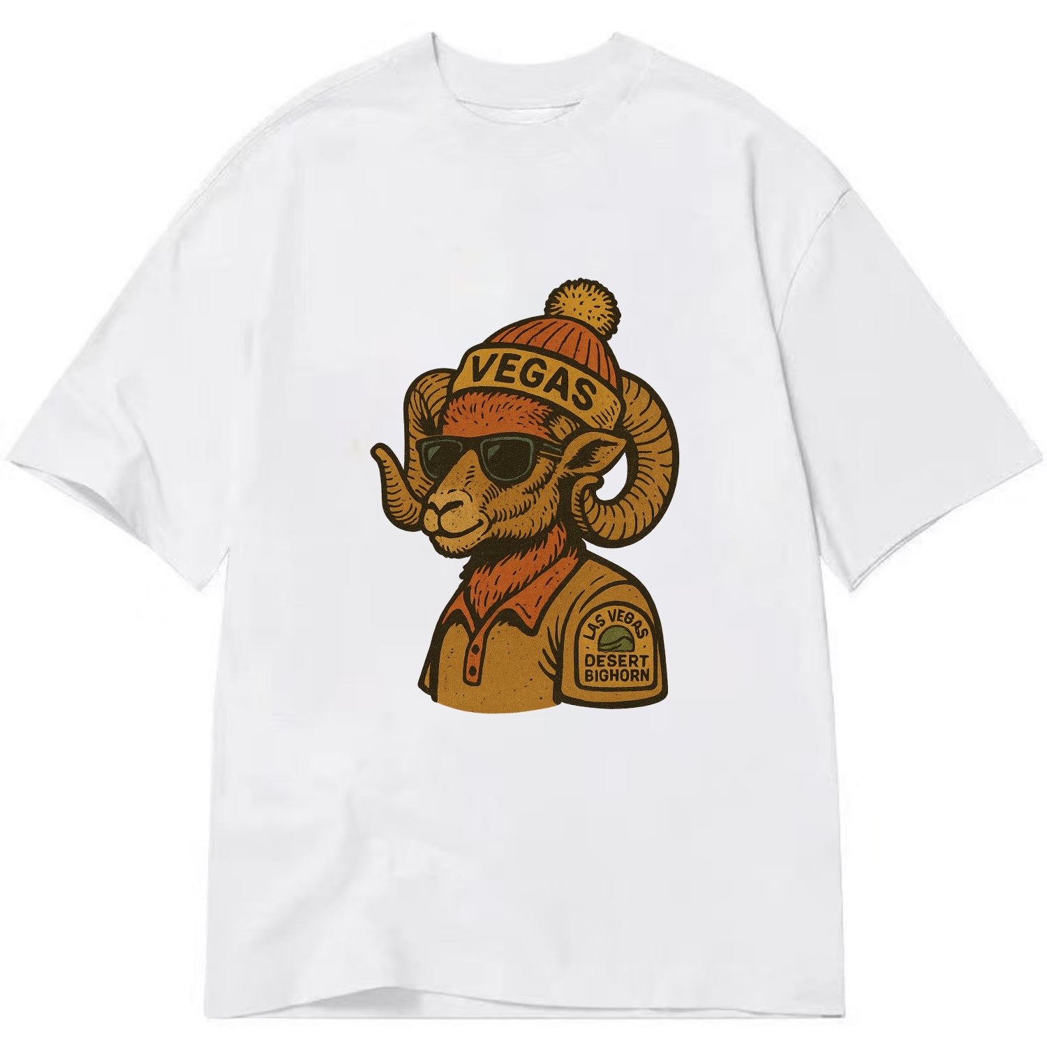 Las Vegas Desert Bighorn wearing Vegas beanie with pom pom and wayfarer sunglasses - Classic T-shirt - White