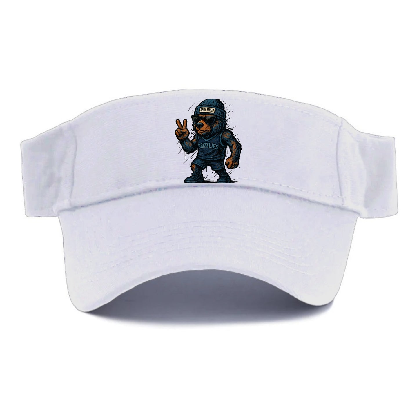 Memphis Grizzly Bear wearing Grizzlies navy and light blue beanie with Beale Street patch - Visor - White