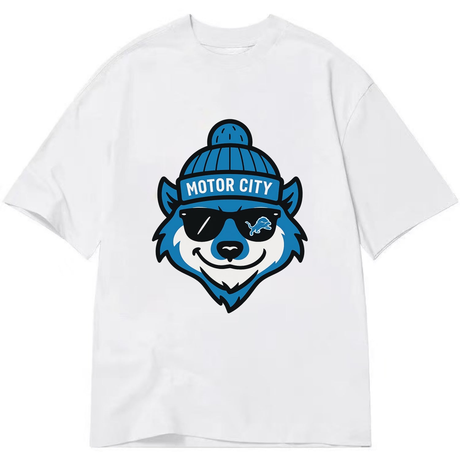 Motor City Wolverine wearing Lions beanie with gear patch and wayfarer sunglasses - Classic T-shirt - White