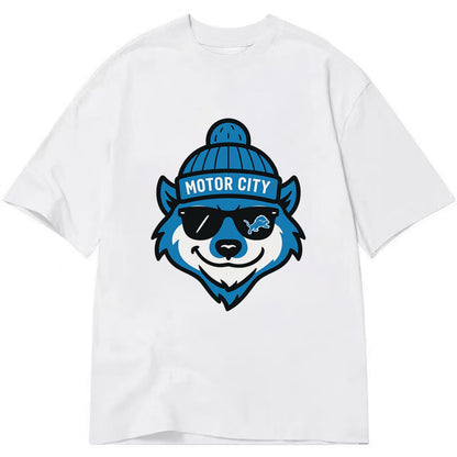 Motor City Wolverine wearing Lions beanie with gear patch and wayfarer sunglasses - Classic T-shirt - White