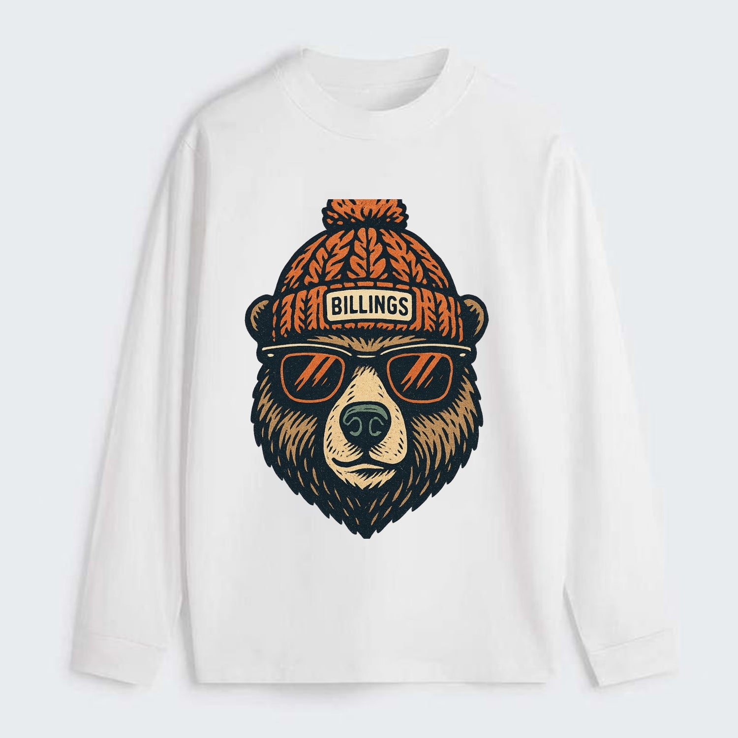 Montana Grizzly Bear wearing Billings beanie with pom pom and wayfarer - Classic Long Sleeve Shirt - White