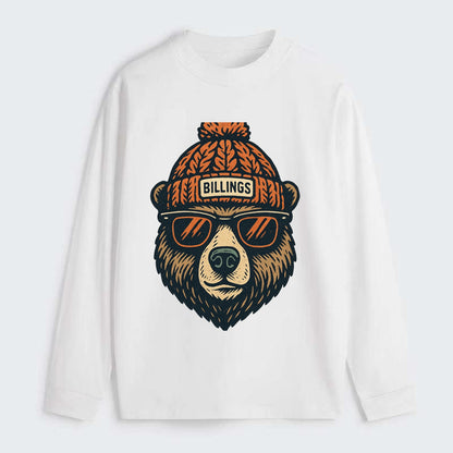 Montana Grizzly Bear wearing Billings beanie with pom pom and wayfarer - Classic Long Sleeve Shirt - White