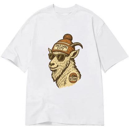 Utah Mountain Goat wearing Salt Lake City beanie with pom pom and wayfarer - Classic T-shirt - White