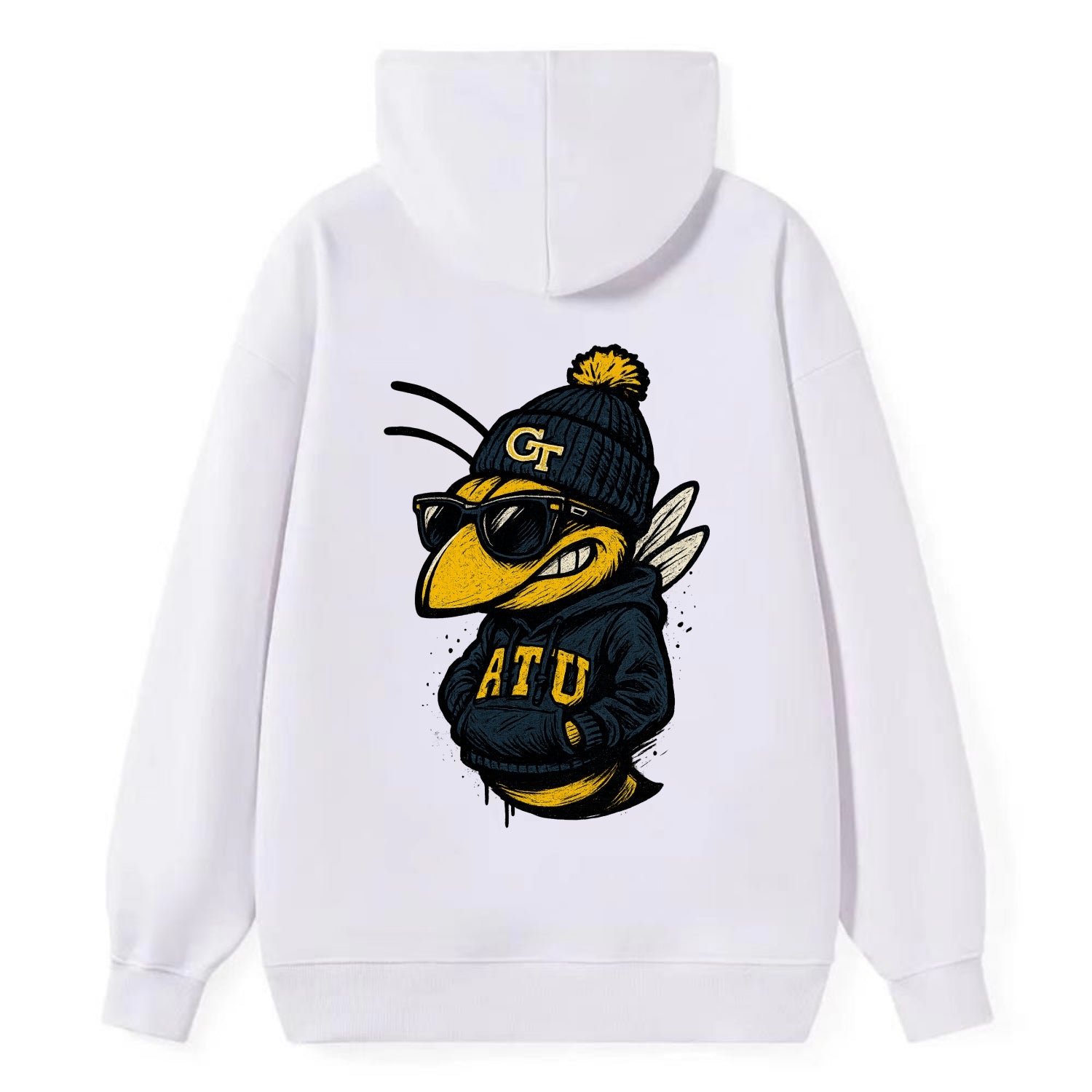 Atlanta Yellow Jacket wearing Georgia Tech beanie with GT patch - Classic Pullover Hoodie - White