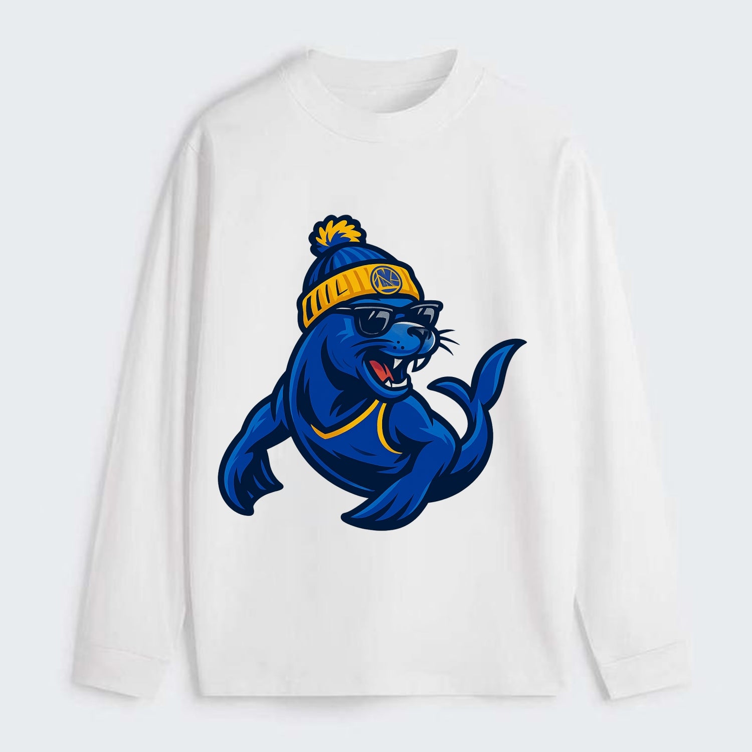 Bay Area Sea Lion wearing Warriors blue and gold beanie with Golden - Classic Long Sleeve Shirt - White