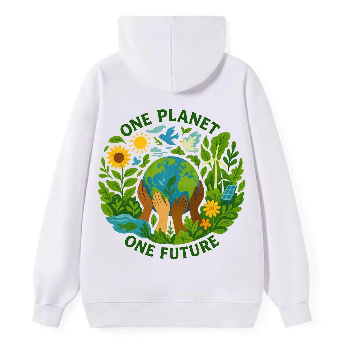 Globe surrounded by hands of all colors working together - "One Planet, - Classic Pullover Hoodie - White