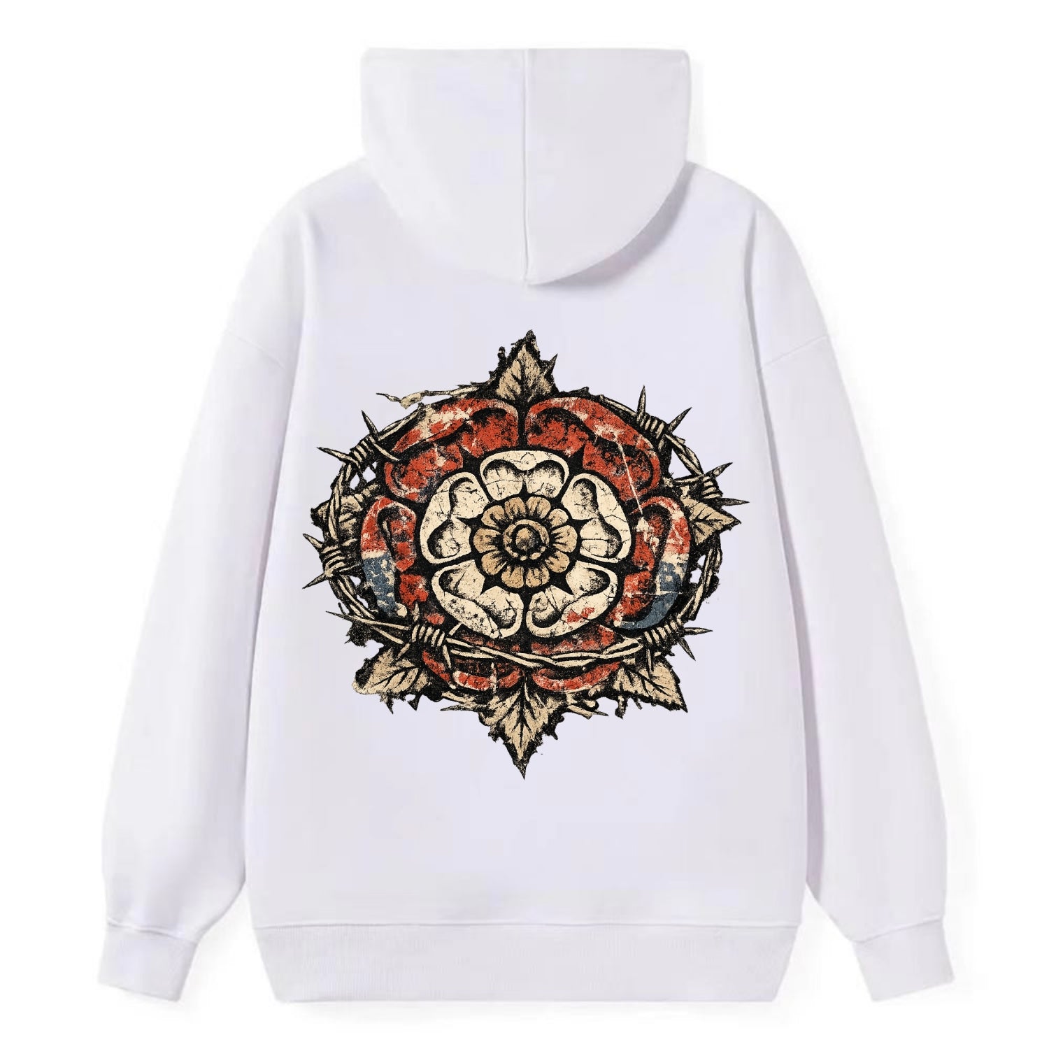 THORNED ROSE | Tudor rose with thorns | Barbed wire integration | - Classic Pullover Hoodie - White