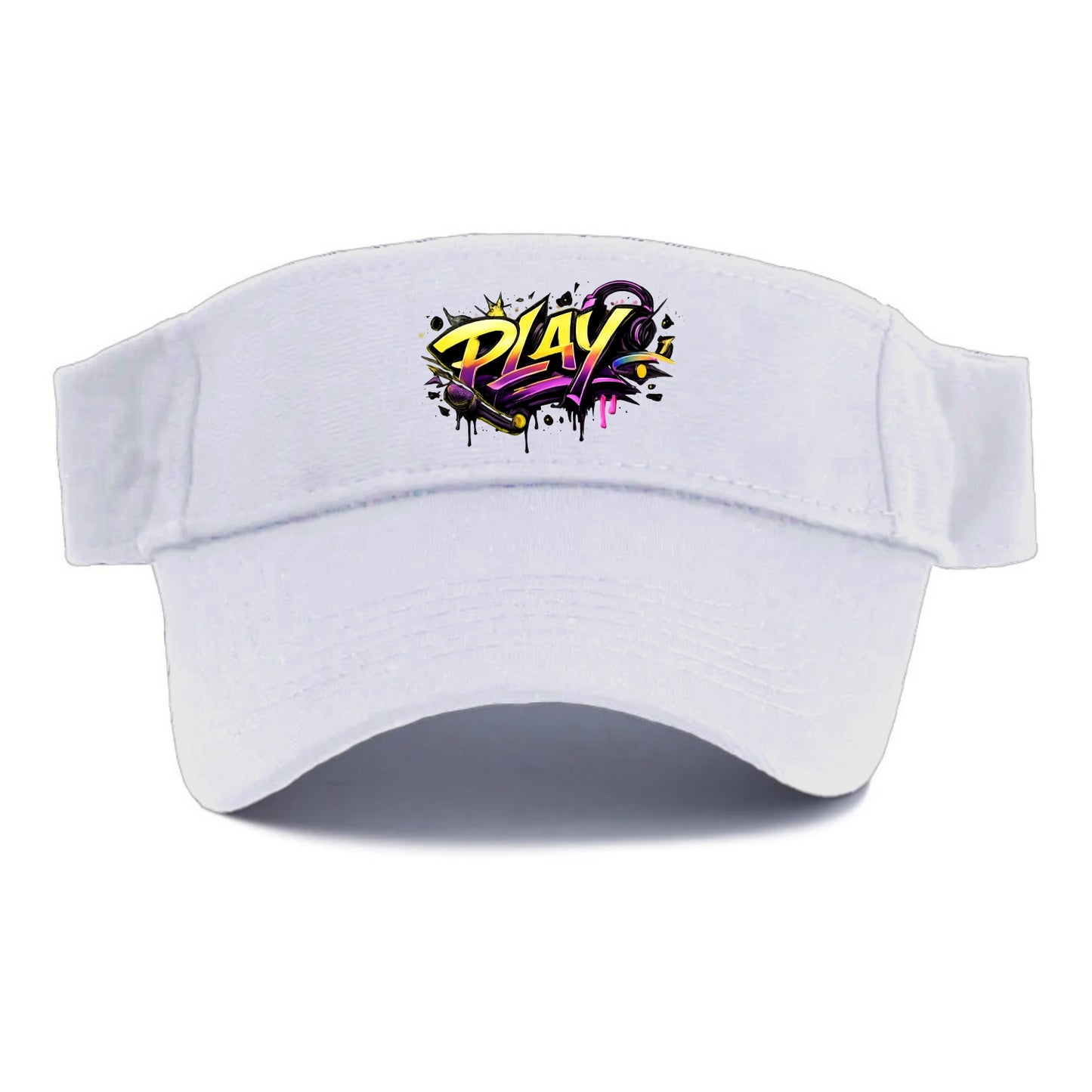 Bold typography design - "PLAY" - creative expression, musical performance - Visor - White