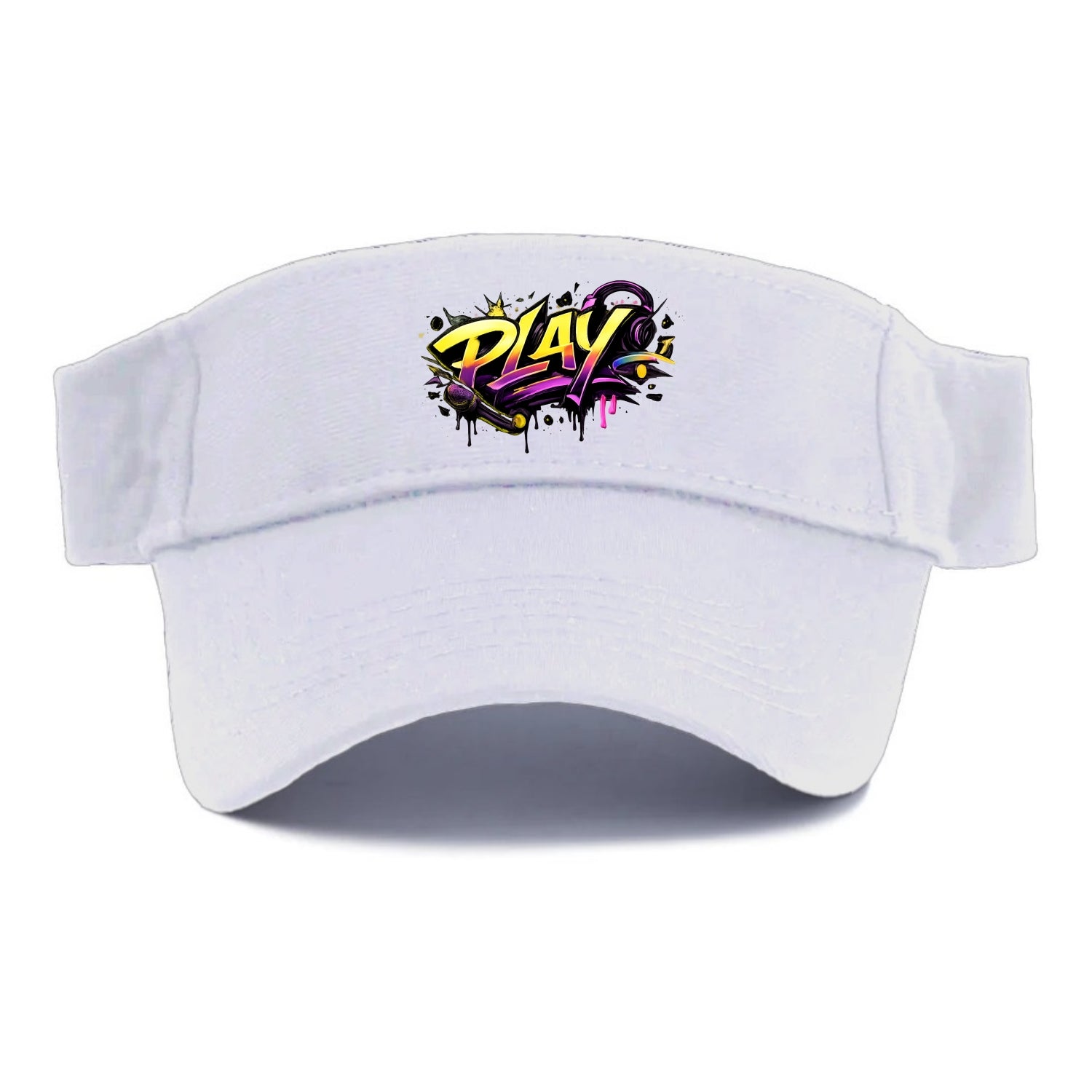 Bold typography design - "PLAY" - creative expression, musical performance - Visor - White