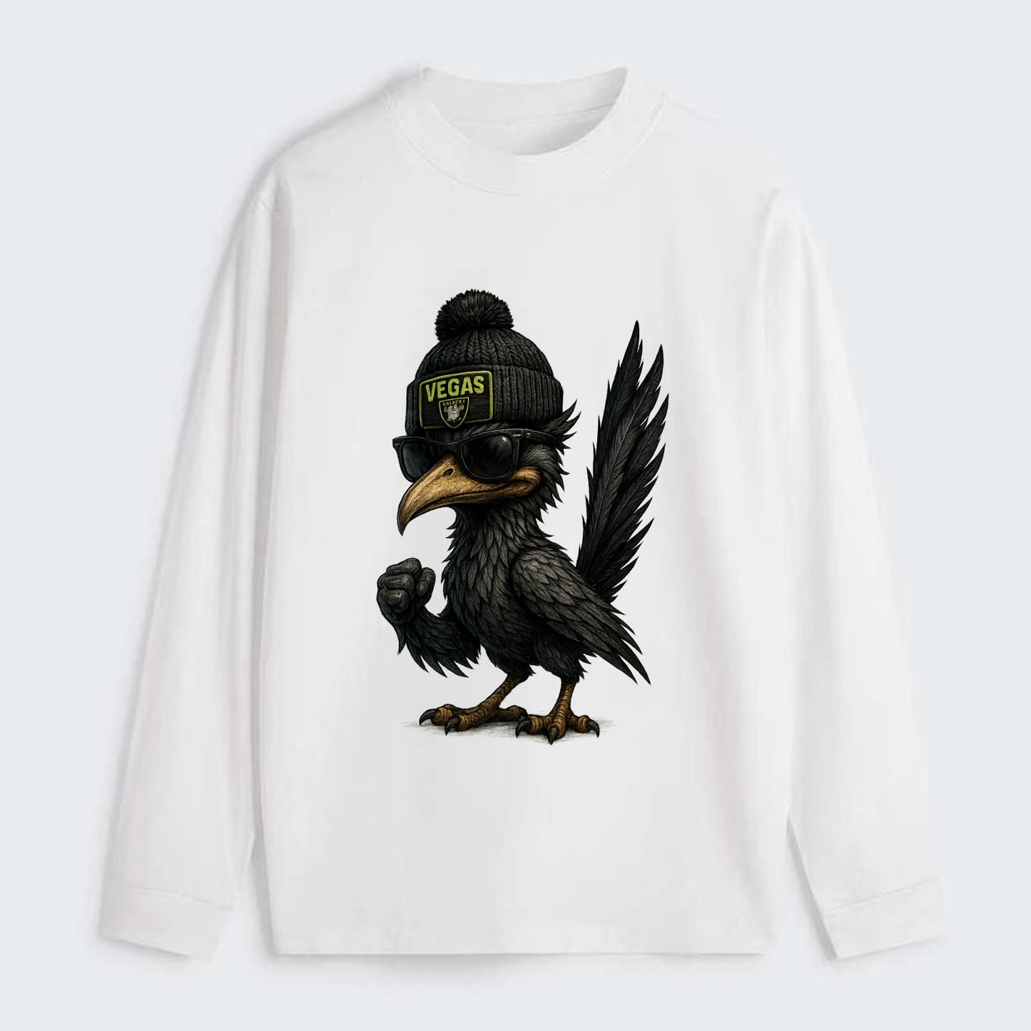 Vegas Roadrunner wearing Raiders beanie with neon patch and wayfarer - Classic Long Sleeve Shirt - White