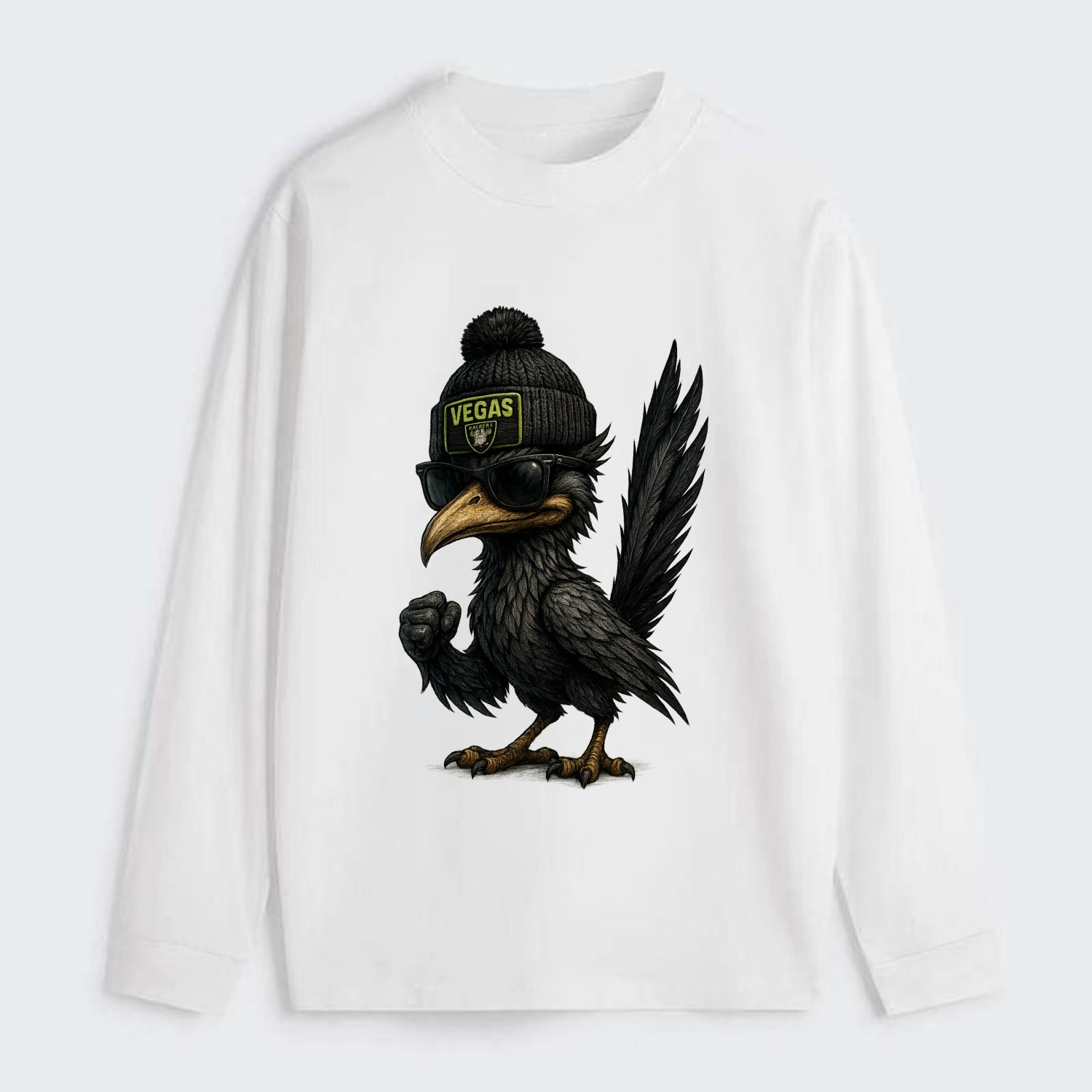 Vegas Roadrunner wearing Raiders beanie with neon patch and wayfarer - Classic Long Sleeve Shirt - White