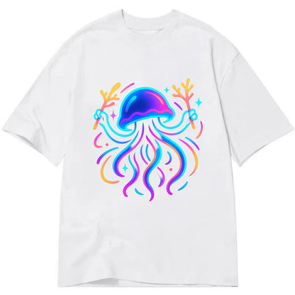 Jellyfish conducting a glow orchestra using coral batons in deep ocean concert - Classic T-shirt - White