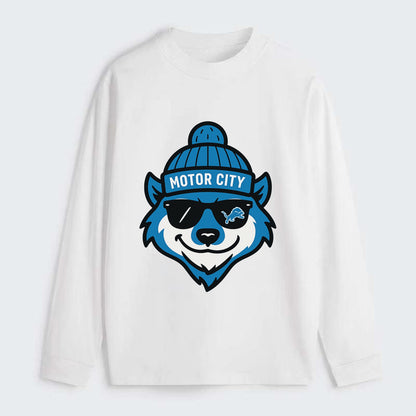 Motor City Wolverine wearing Lions beanie with gear patch and wayfarer - Classic Long Sleeve Shirt - White